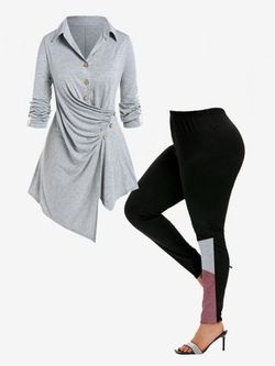 Roll Tab Sleeve Ruched Asymmetric Top and Colorblock Leggings Plus Size Outfit - LIGHT GRAY