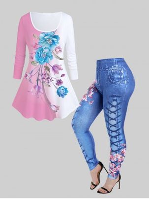 Floral Print Colorblock T-shirt and High Waist Floral 3D Lace Up Denim Print Jeggings Plus Size Outfit
