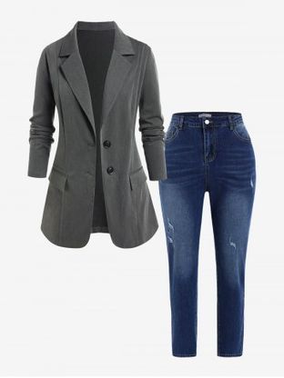 Plus Size Flap Pockets Single Button Blazer and Pencil Jeans Outfit