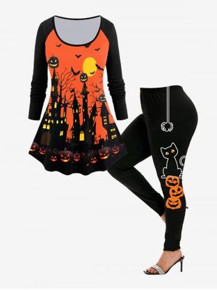 Halloween Pumpkins Bats Printed Raglan Sleeves Tee and Cat Spiders Leggings Outfit