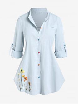 Plus Size Roll Tab Sleeve Floral Print Button Up Shirt - LIGHT BLUE - XL
