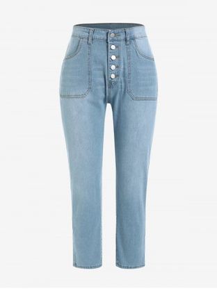Plus Size Topstitching Button Fly Jeans with Pockets