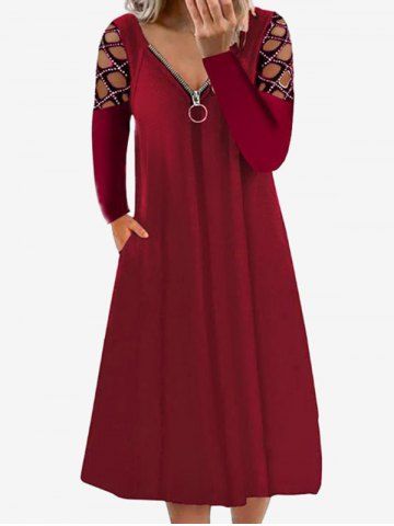 Plus Size Rhinestone Cutout Zip Front Midi Dress - RED - XL