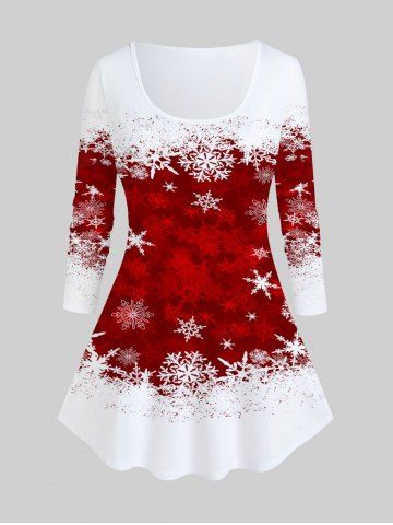 Plus Size Christmas Snowflake Printed Colorblock Tee - RED - L | US 12