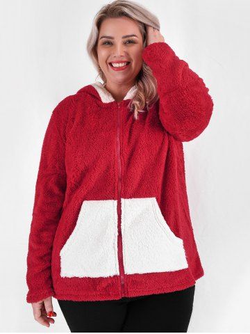 Plus Size Christmas Colorblock Hooded Fuzzy Faux Fur Coat