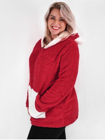Plus Size Christmas Colorblock Hooded Fuzzy Faux Fur Coat