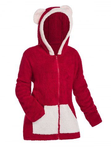 Plus Size Christmas Colorblock Hooded Fuzzy Faux Fur Coat