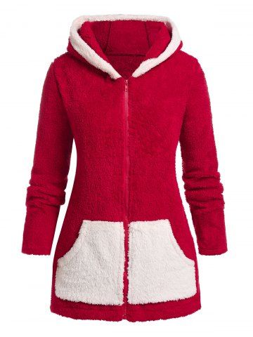 Plus Size Christmas Colorblock Hooded Fuzzy Faux Fur Coat