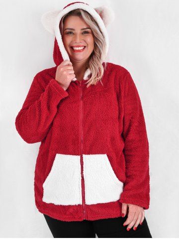 Plus Size Christmas Colorblock Hooded Fuzzy Faux Fur Coat - DEEP RED - L
