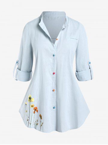 Plus Size Roll Tab Sleeve Floral Print Button Up Shirt - LIGHT BLUE - M