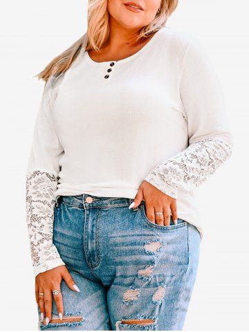 Plus Size Lace Panel Ribbed Long Sleeves Tee with Buttons - WHITE - 3X