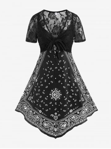 Plus Size Asymmetric Paisley Print Crisscross Dress and Lace Top Set - BLACK - 5X | US 30-32