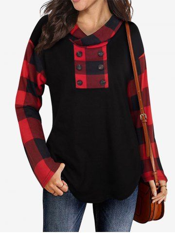 Plus Size Buttoned Checked Panel Hooded Top - BLACK - L