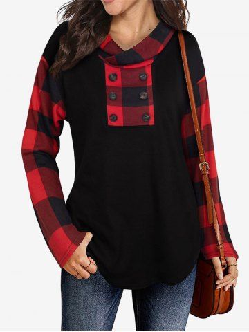 Plus Size Buttoned Checked Panel Hooded Top - BLACK - XL