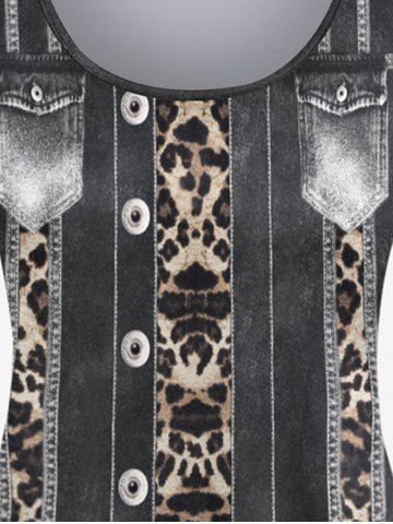 Plus Size 3D Jeans Leopard Print Long Sleeves Tee