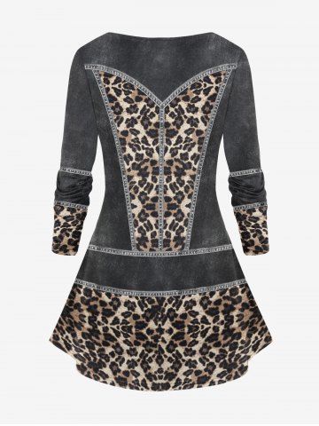 Plus Size 3D Jeans Leopard Print Long Sleeves Tee