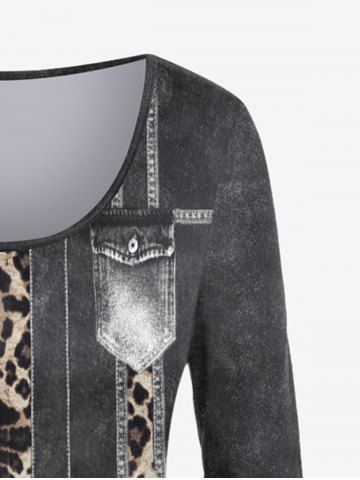 Plus Size 3D Jeans Leopard Print Long Sleeves Tee