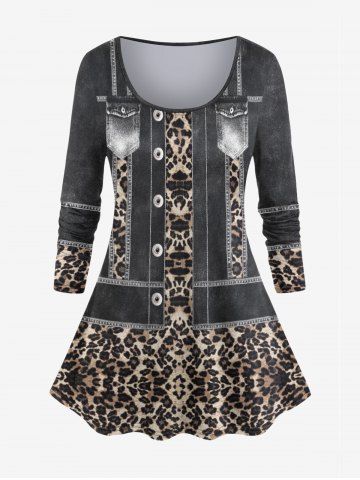 Plus Size 3D Jeans Leopard Print Long Sleeves Tee