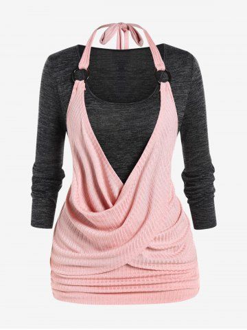 Plus Size Colorblock Draped Cross O-ring Halter Long Sleeves Twofer Tee - LIGHT PINK - L | US 12