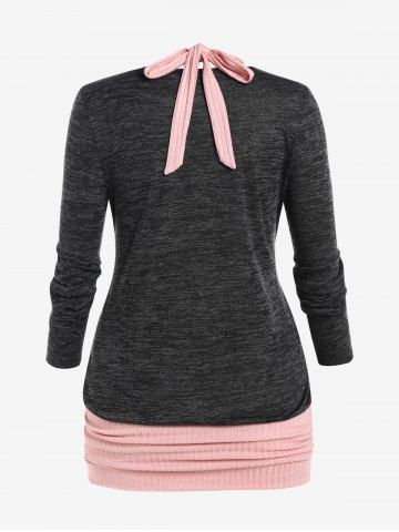 Plus Size Colorblock Draped Cross O-ring Halter Long Sleeves Twofer Tee