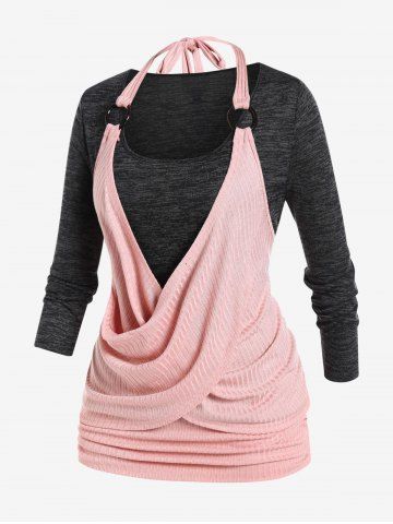 Plus Size Colorblock Draped Cross O-ring Halter Long Sleeves Twofer Tee