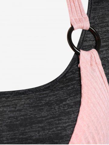 Plus Size Colorblock Draped Cross O-ring Halter Long Sleeves Twofer Tee