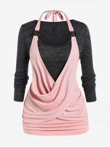 Plus Size Colorblock Draped Cross O-ring Halter Long Sleeves Twofer Tee