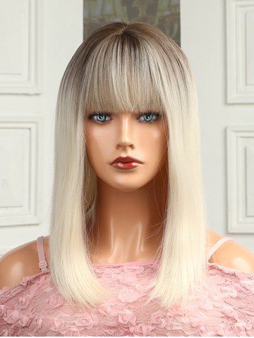 Full Bangs Mid Length Brown Gradient Platinum Straight Synthetic Wig