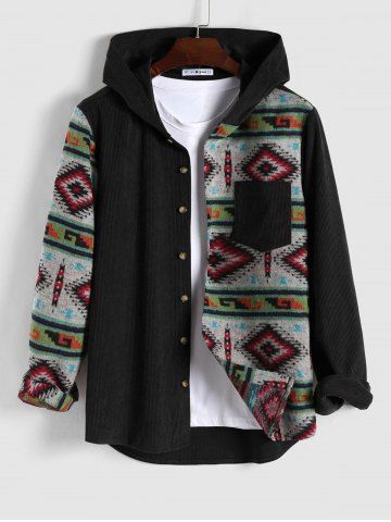 Ethnic Style Geometric Pattern Corduroy Spliced Shacket - BLACK - XL