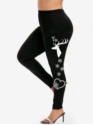 Plus Size Christmas Elk Snowflake Heart Print Leggings -  