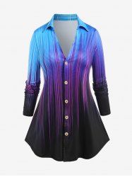 Plus Size Light Beam Print Ombre Color Button Up Shirt -  