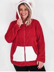 Plus Size Christmas Colorblock Hooded Fuzzy Faux Fur Coat -  