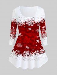 T-shirt à Imprimé Flocon de Neige Noël en Blocs de Couleurs de Grande Taille - Rouge 4X | US 26-28