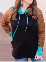 Sweat à Capuche à Imprimé Fleur en Blocs de Couleurs à Manches Raglan Grande Taille - Noir 2X