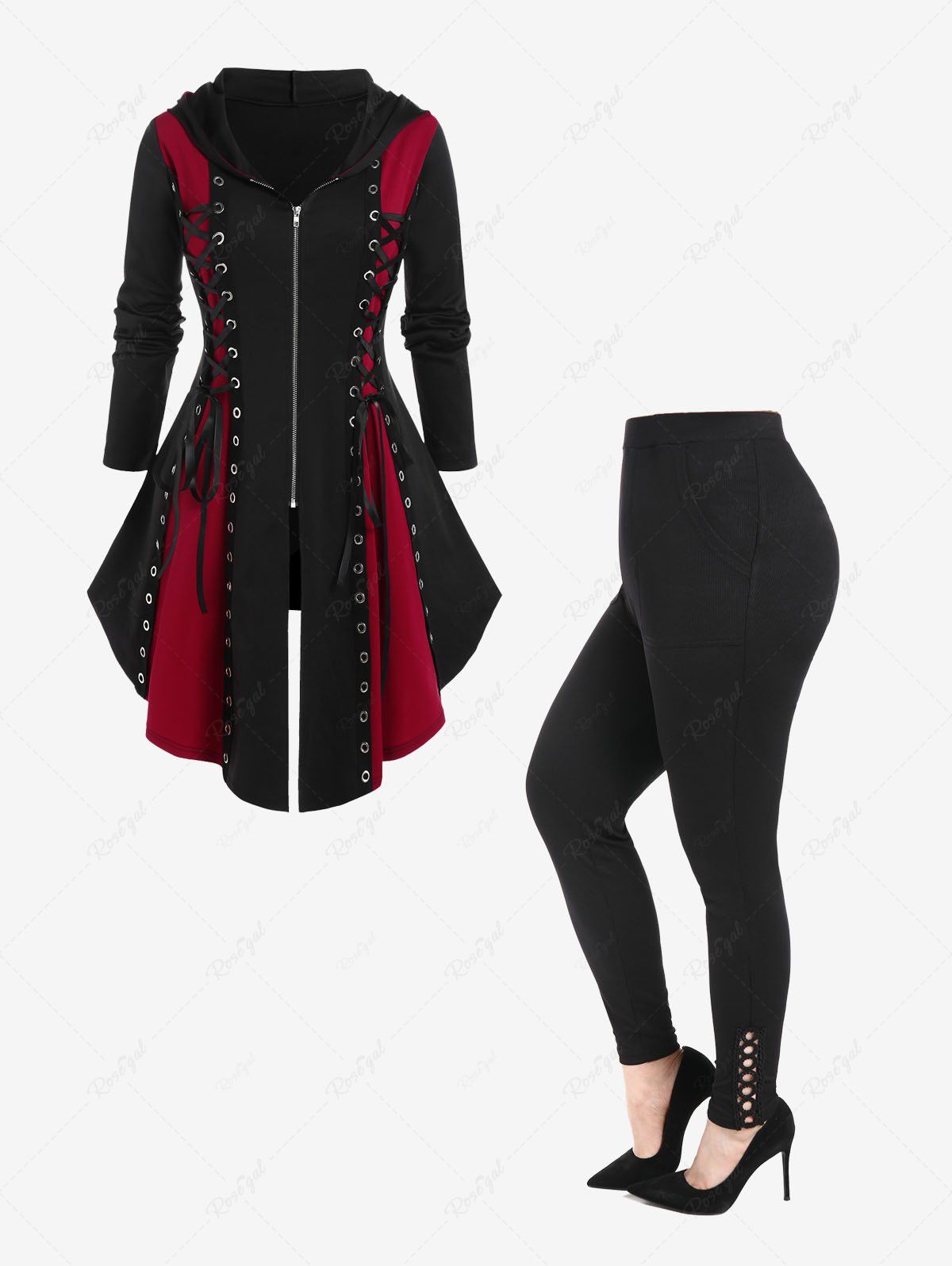 Shops Plus Size Hooded Lace Up Grommets Gothic Coat and Guipure Lace Detail Leggings Outfits  