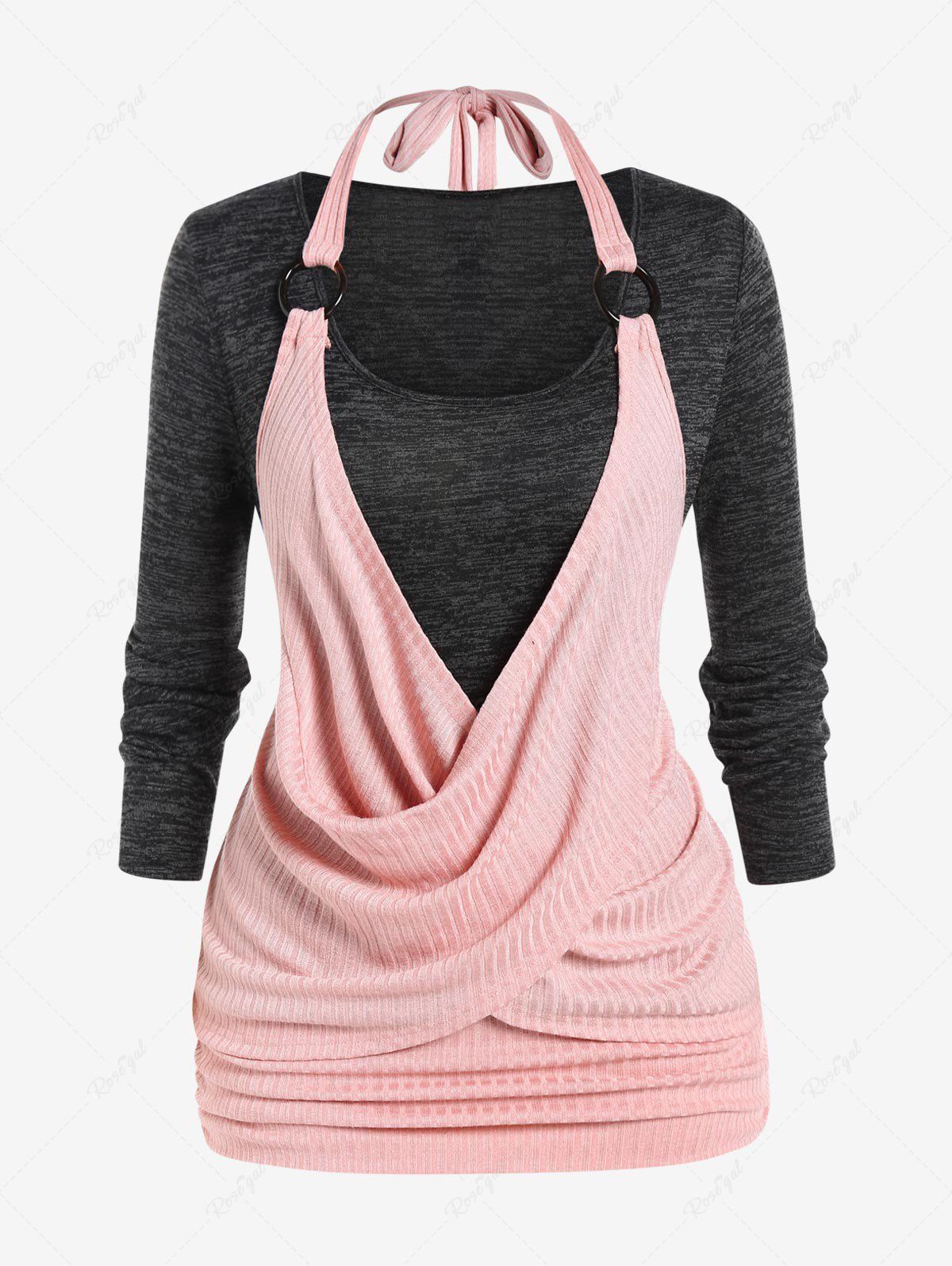 Outfits Plus Size Colorblock Draped Cross O-ring Halter Long Sleeves Twofer Tee  