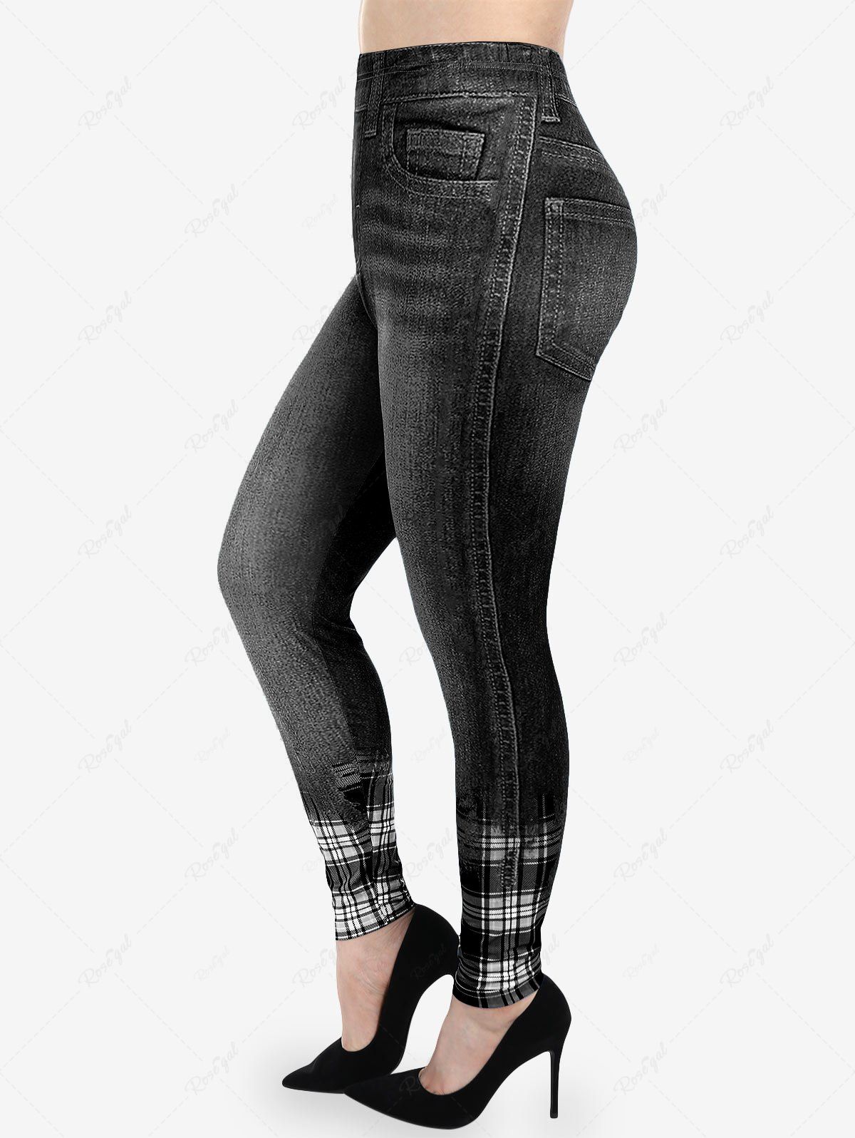 Outfits Plus Size High Rise Plaid 3D Denim Print Skinny Jeggings  