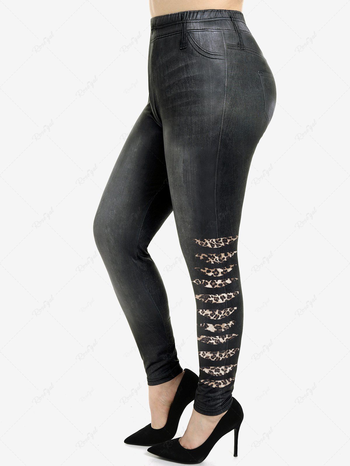 Trendy Plus Size 3D Jeans Leopard Print Skinny Jeggings  