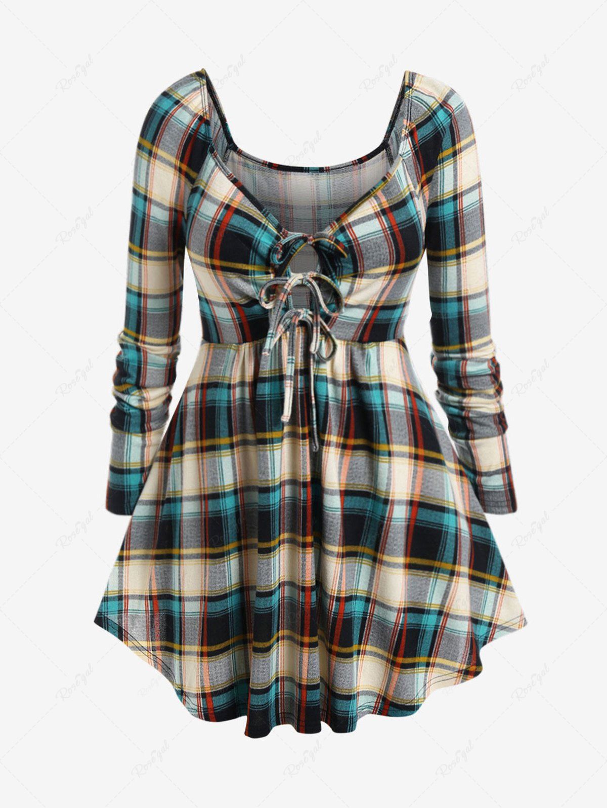 Outfits Plus Size Colorful Plaid Sweetheart Neck Ties Top  