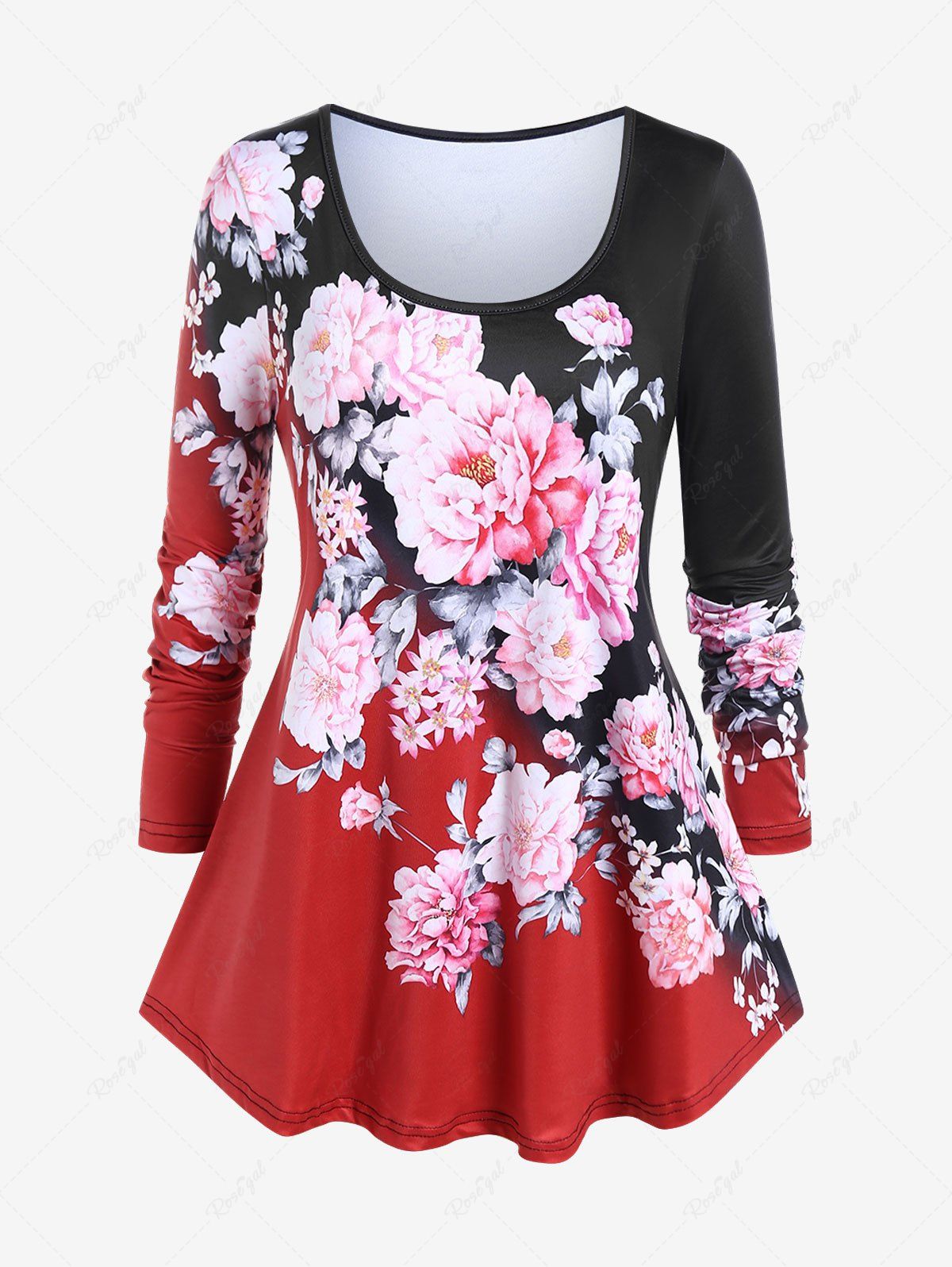 Discount Plus Size Bloom Floral Long Sleeve Tee  