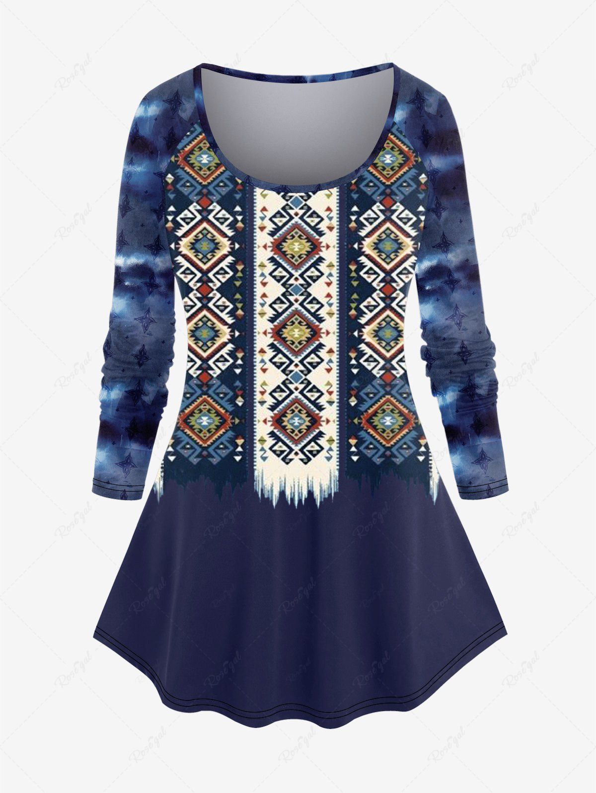 Cheap Plus Size Ethnic Printed Long Sleeve T-shirt  