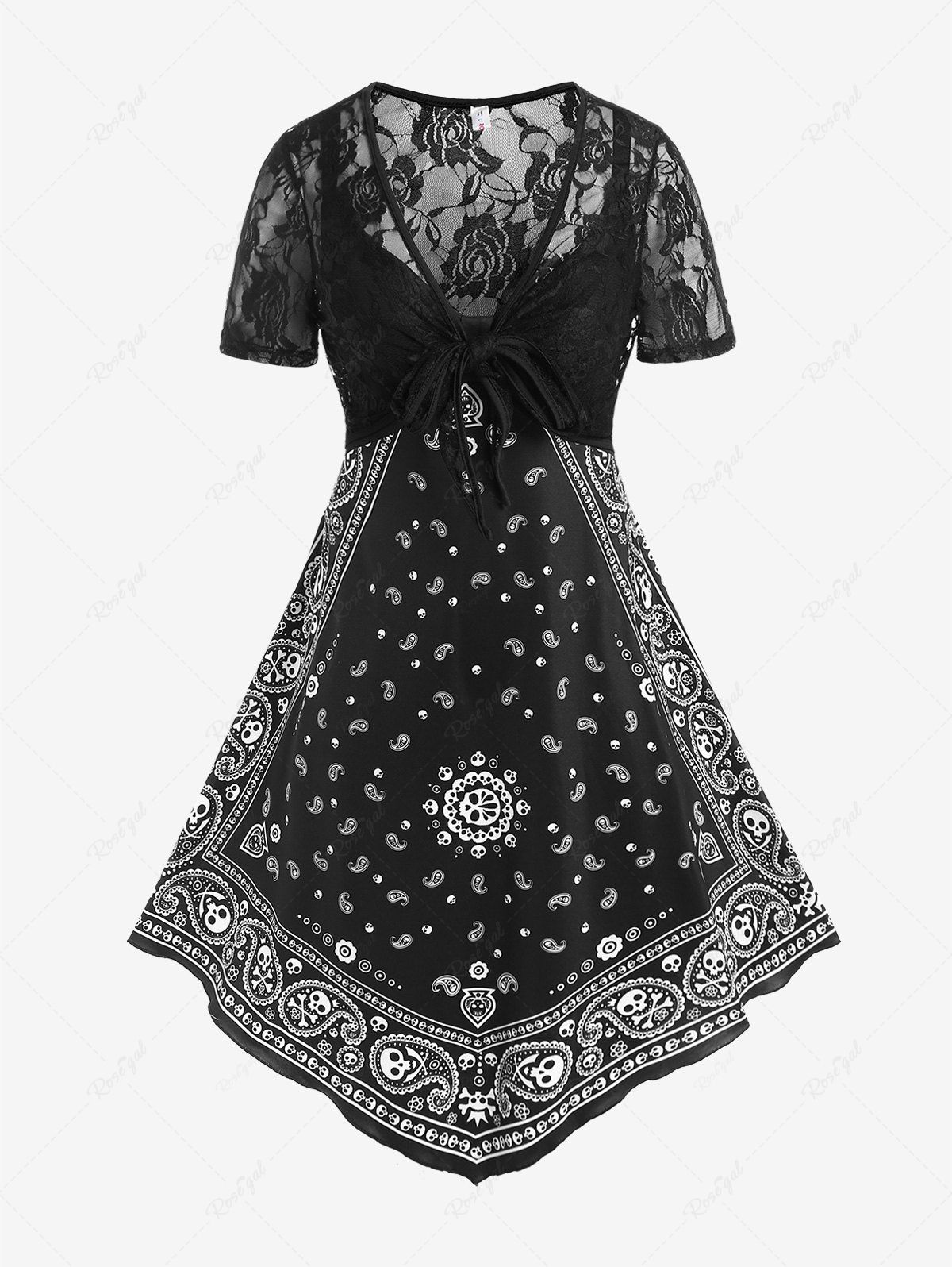 New Plus Size Asymmetric Paisley Print Crisscross Dress and Lace Top Set  