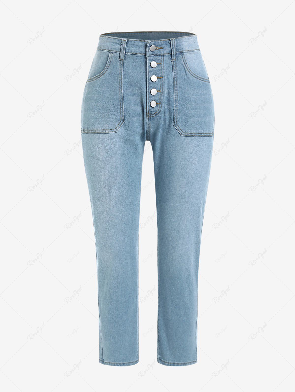 Buy Plus Size Topstitching Button Fly Jeans with Pockets  