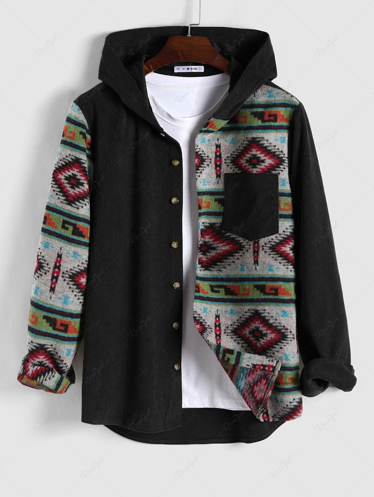 New Ethnic Style Geometric Pattern Corduroy Spliced Shacket  