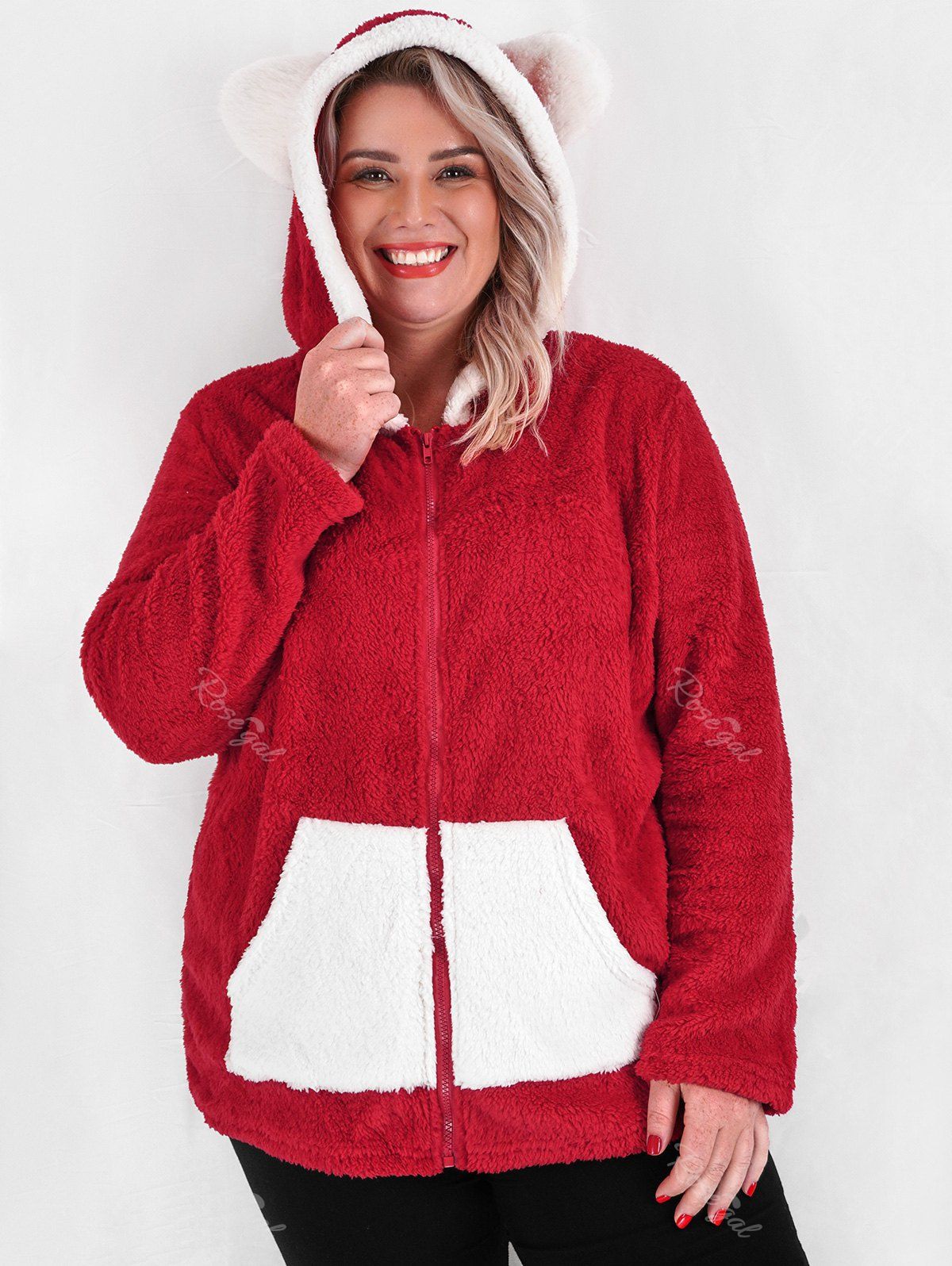 Fashion Plus Size Christmas Colorblock Hooded Fuzzy Faux Fur Coat  