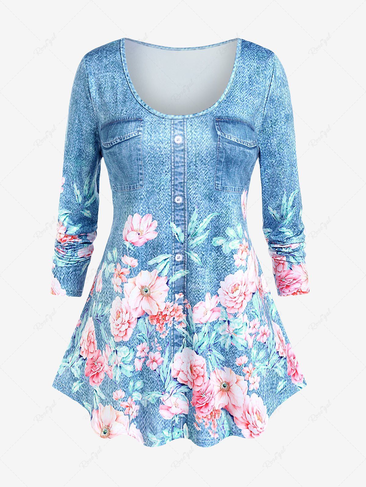 Unique Plus Size 3D Jeans Flower Printed Long Sleeves Tee  