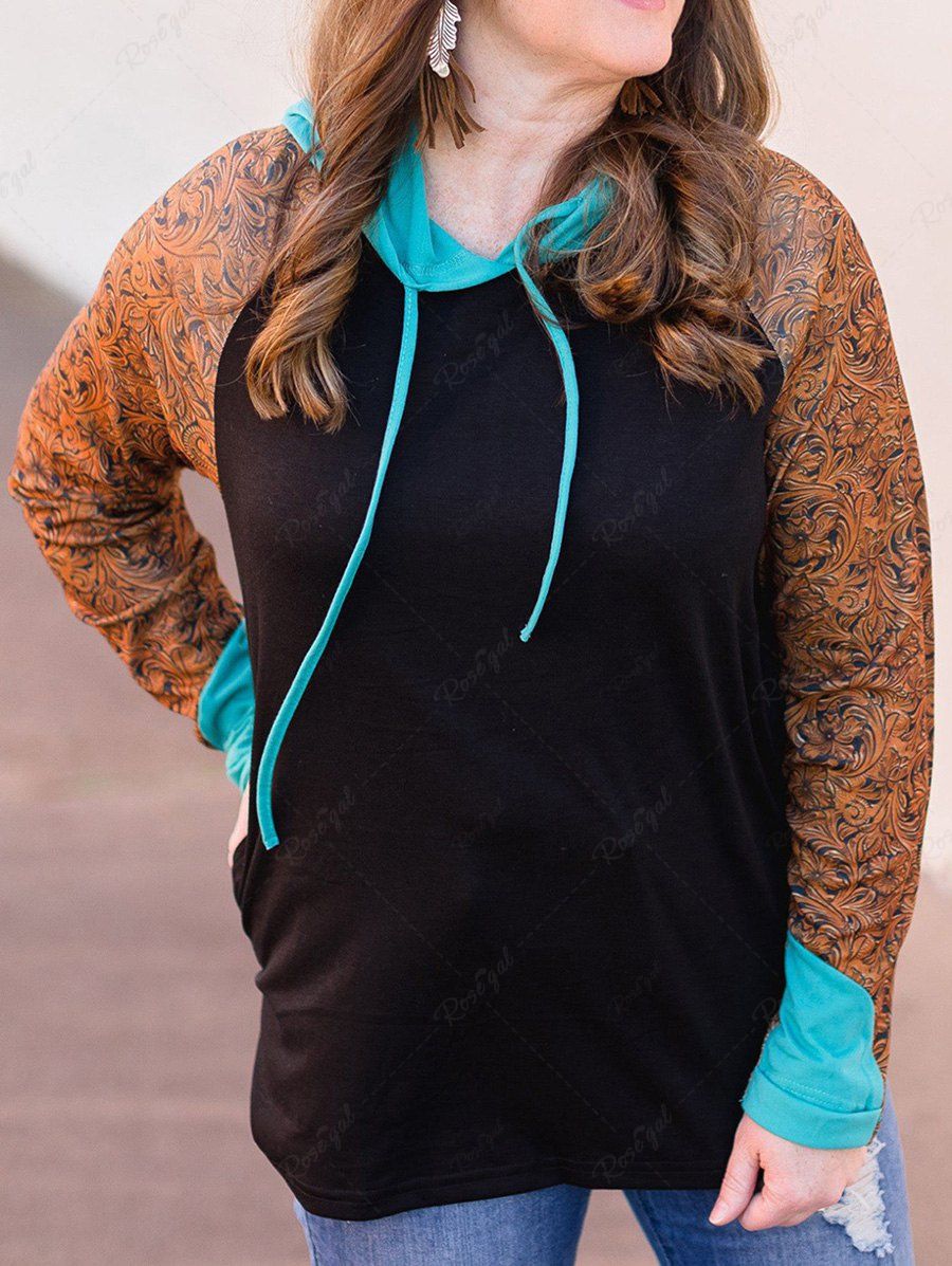 Sweat à Capuche à Imprimé Fleur en Blocs de Couleurs à Manches Raglan Grande Taille Noir 4X