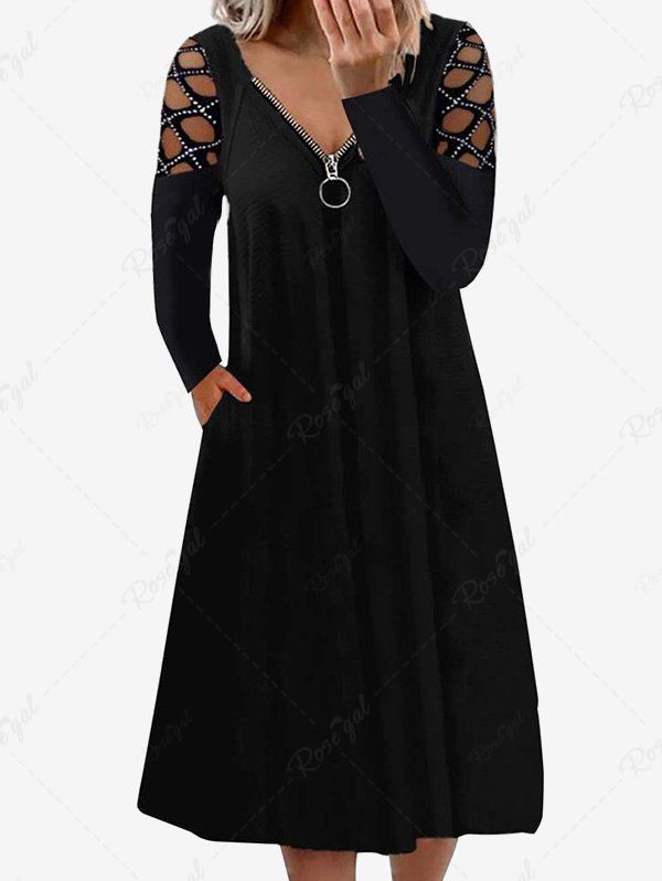 Robe Mi-Longue Découpée Zippée avec Strass de Grande Taille Noir 5XL