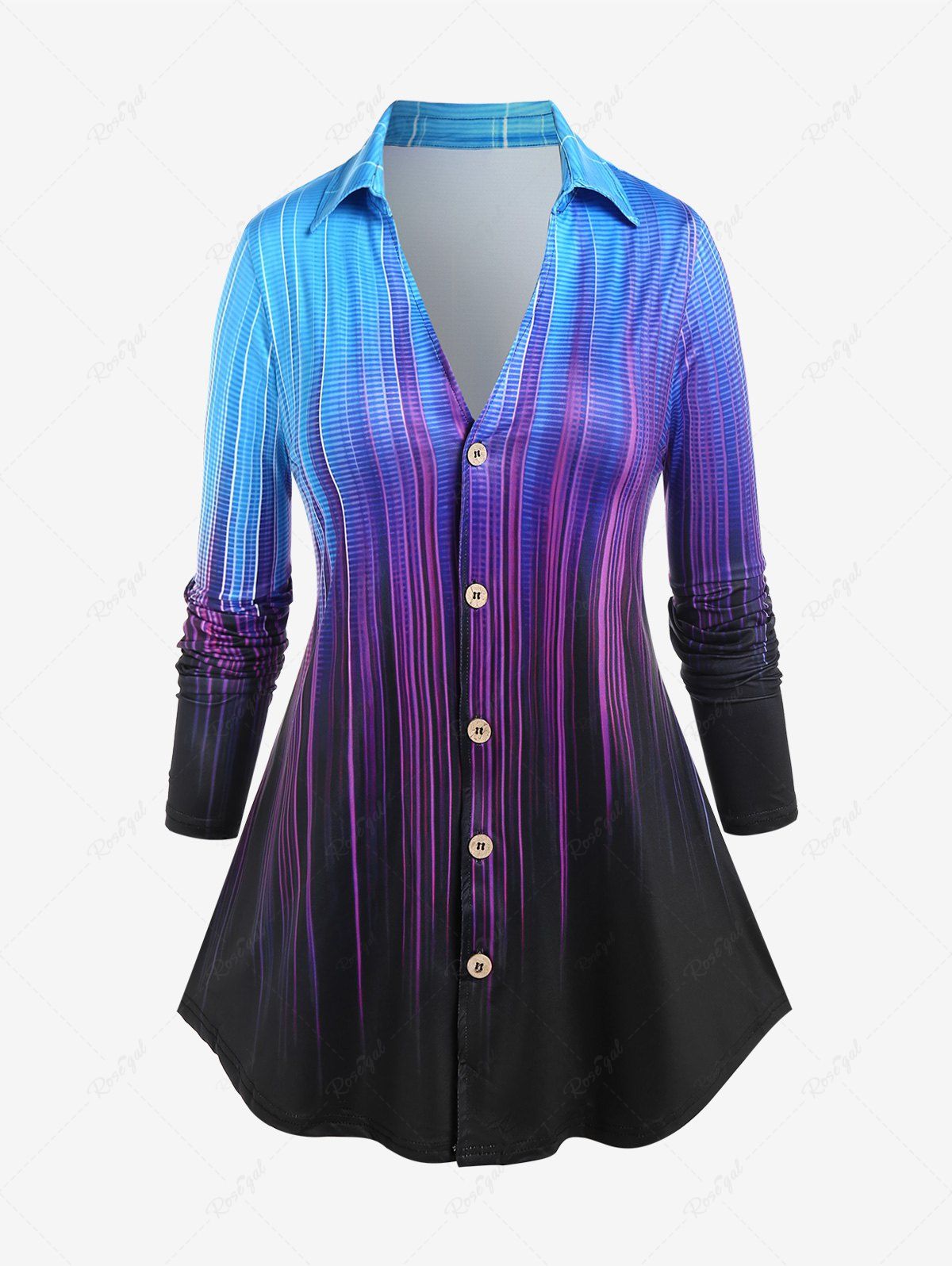 Chic Plus Size Light Beam Print Ombre Color Button Up Shirt  