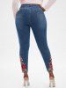 Plus Size Mock Button Patchwork Striped Top and Floral Applique Pencil Jeans Outfit -  
